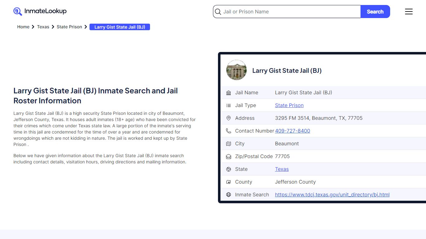 Larry Gist State Jail (BJ) Inmate Search, Jail Roster, Bookings ...
