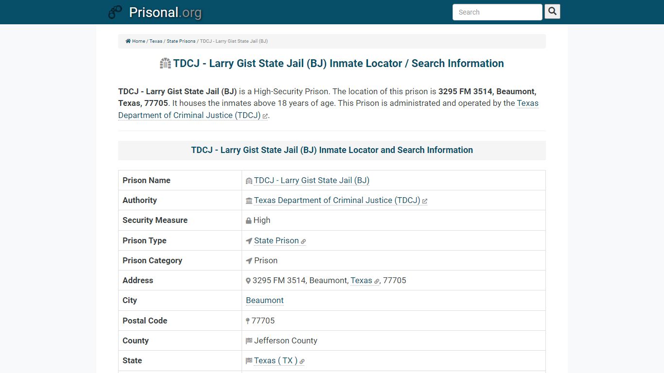 TDCJ - Larry Gist State Jail (BJ)-Inmate Locator/Search Info, Phone ...
